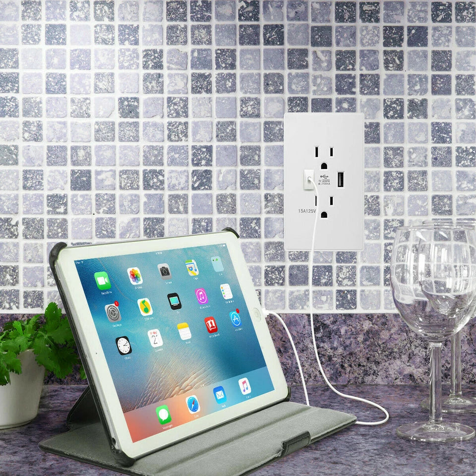 Dual Wall Outlet with USB Ports Charger AC Power Receptacle Plate Panel 15A 120V