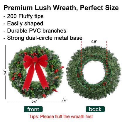 24in Prelit Christmas Wreath Battery Operated with 50 Lights Timer 8 Light Modes