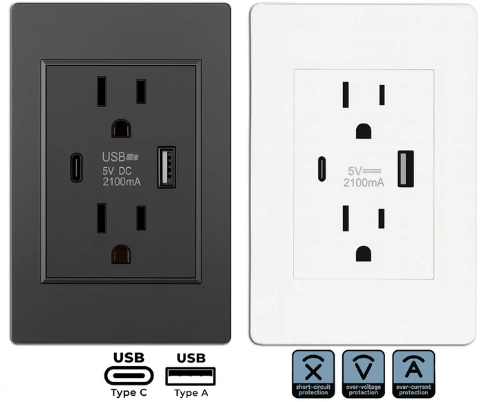 Dual Wall Outlet with USB Ports Charger AC Power Receptacle Plate Panel 15A 120V